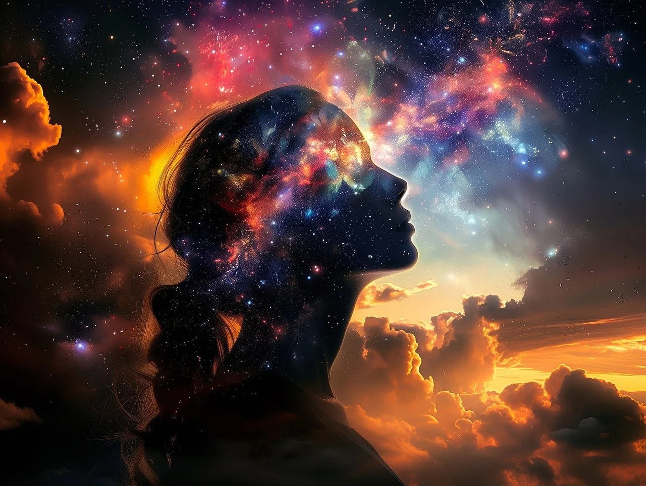 Silhouette of a woman's profile with a cosmic galaxy and star-filled sky superimposed on her head, against a sunset sky with clouds.