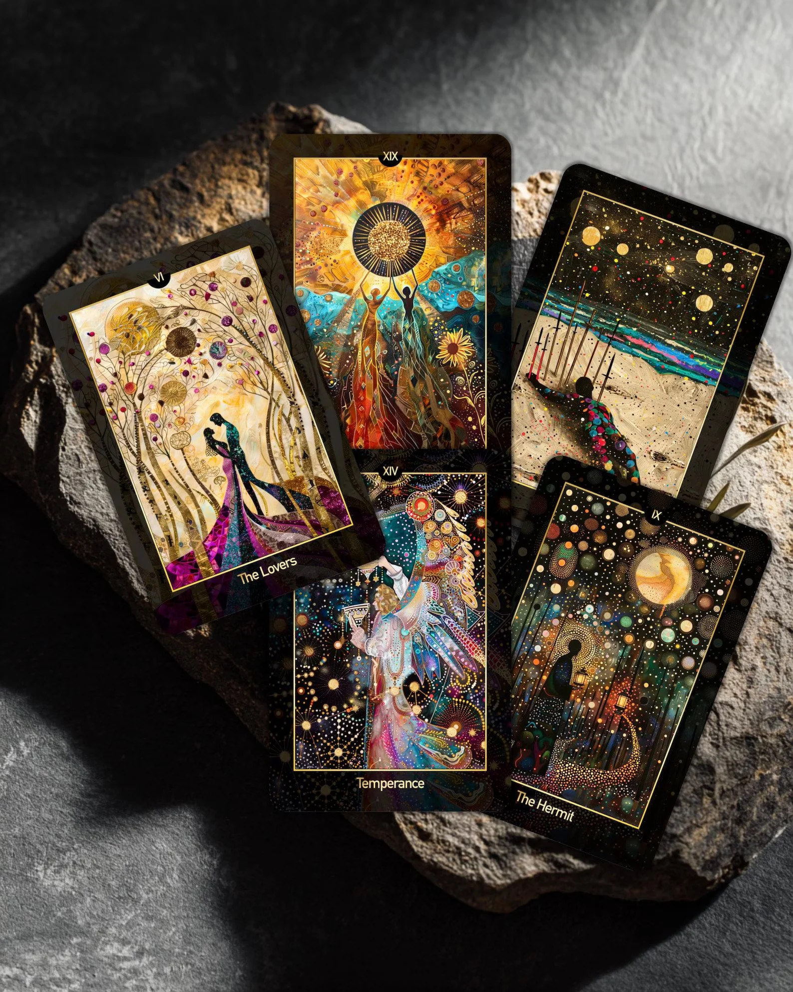 Set of five colorful tarot cards laid out on a rough stone surface, each with intricate, artistic designs representing various themes including love, spiritual awakening, exploration, and introspection.