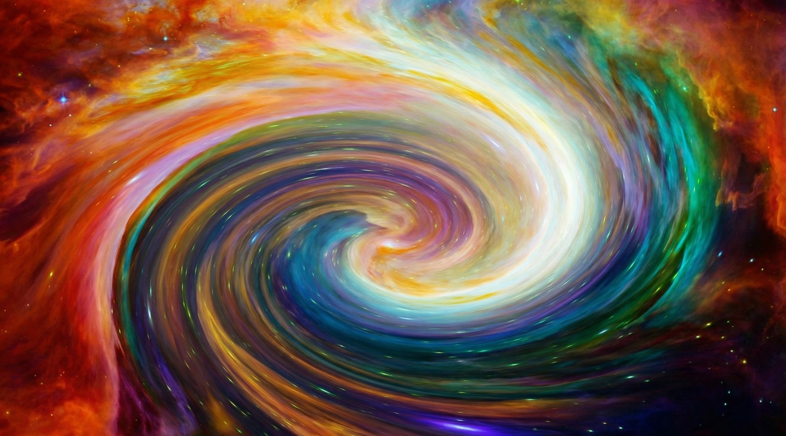 A colorful depiction of a swirling galaxy or cosmic vortex with vivid shades of orange, yellow, green, blue, and purple.