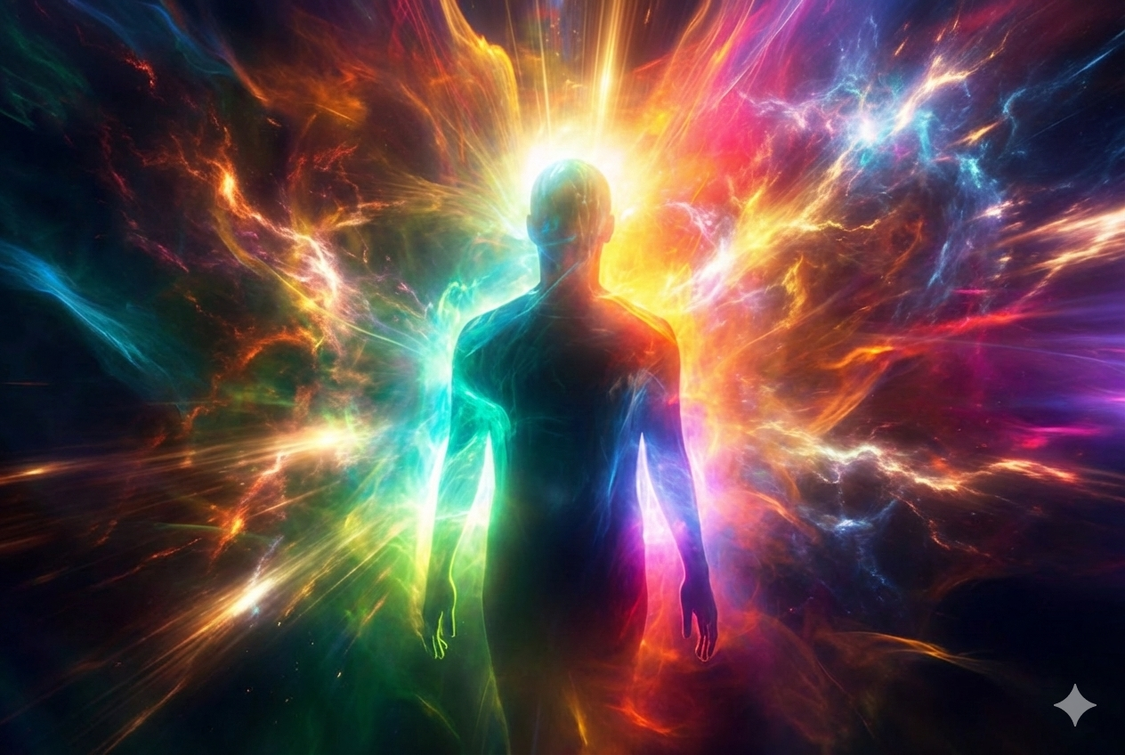 Silhouette of a person surrounded by vibrant, colorful light and energy, resembling a cosmic or spiritual explosion.