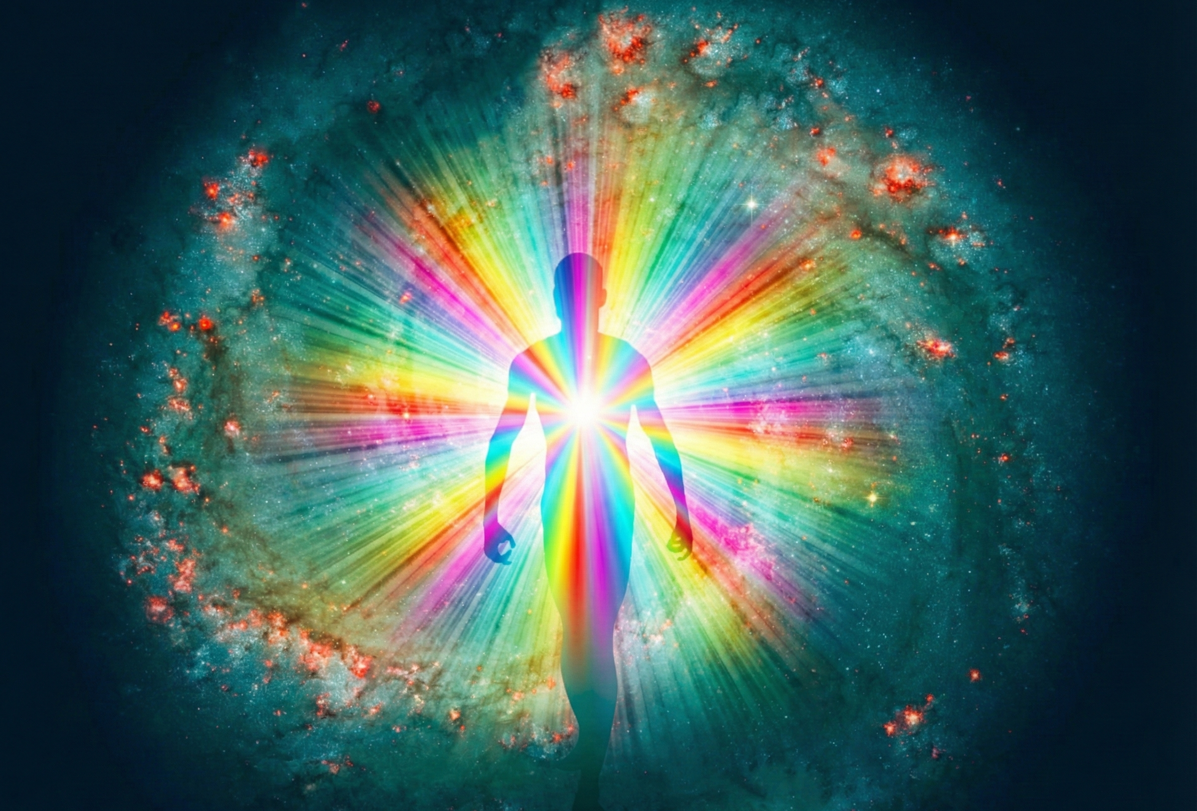 A human silhouette in a meditative pose with a radiant, multicolored aura emanating from the chest area, set against a cosmic background with stars and nebulae.