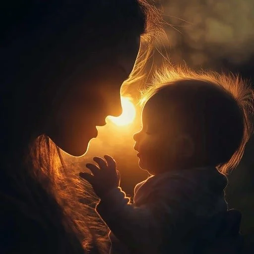 A silhouette of a woman and a baby touching noses at sunset.