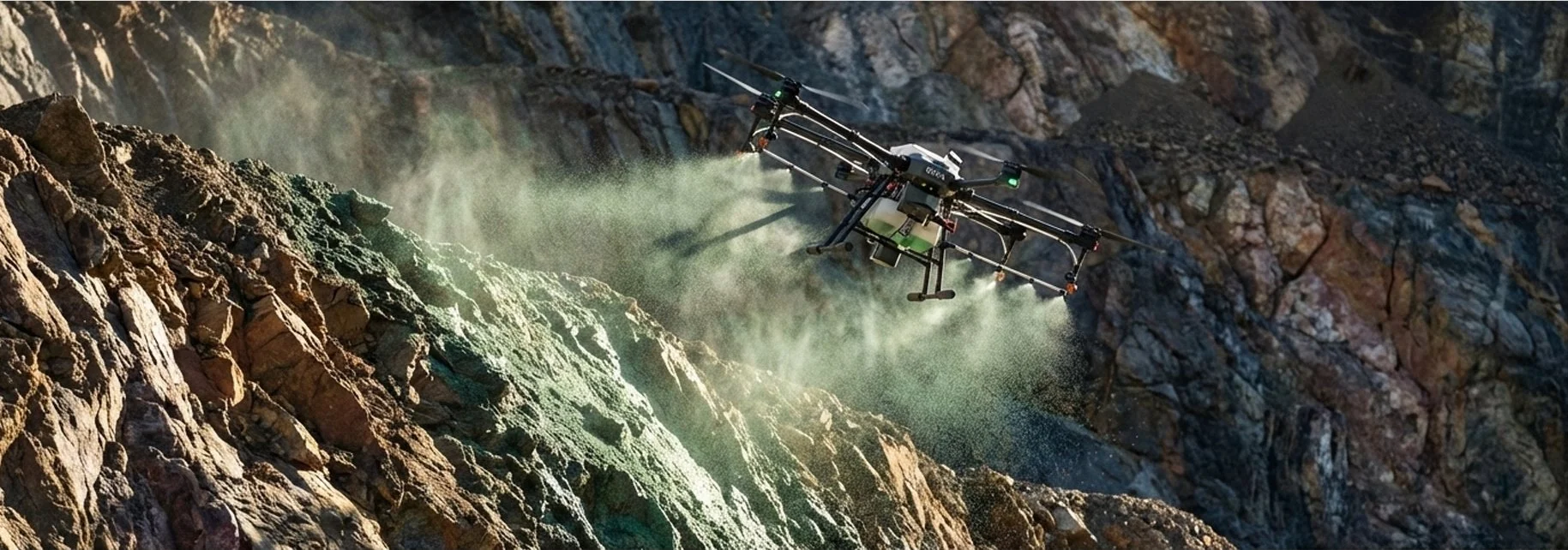 A large commercial-style drone with multiple rotors is flying low over an open ground at dusk or dawn, with a clear sky in the background.