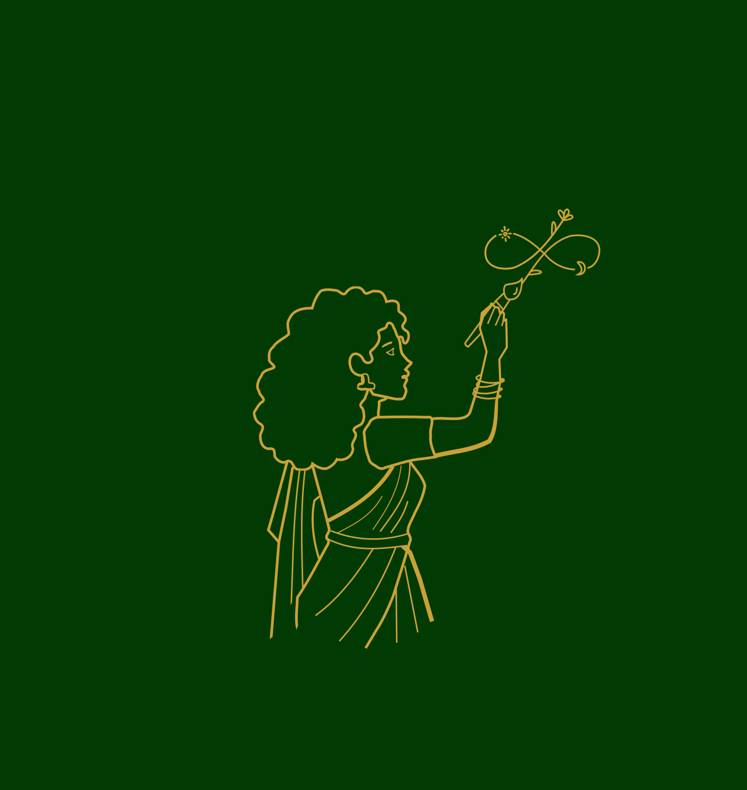 Line drawing of a woman with a ponytail, dressed in traditional clothing, holding a staff with decorative elements, against a dark green background.
