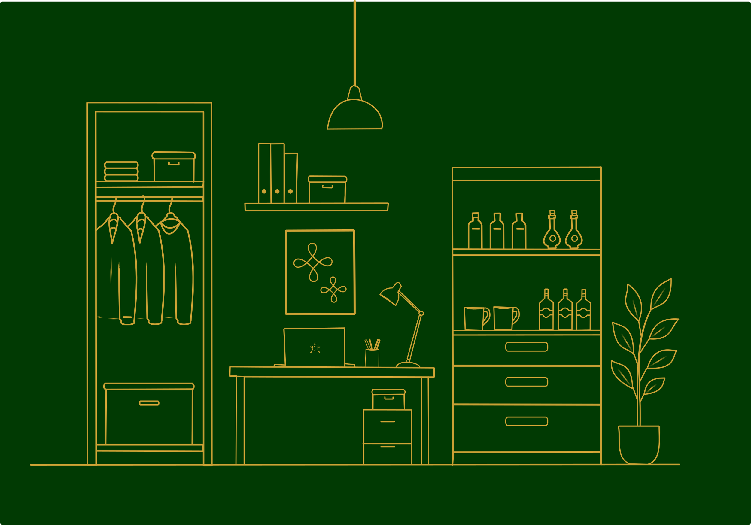 Line drawing of a cozy room with a closet, bookshelf, desk, and potted plant, all in yellow lines on a green background.