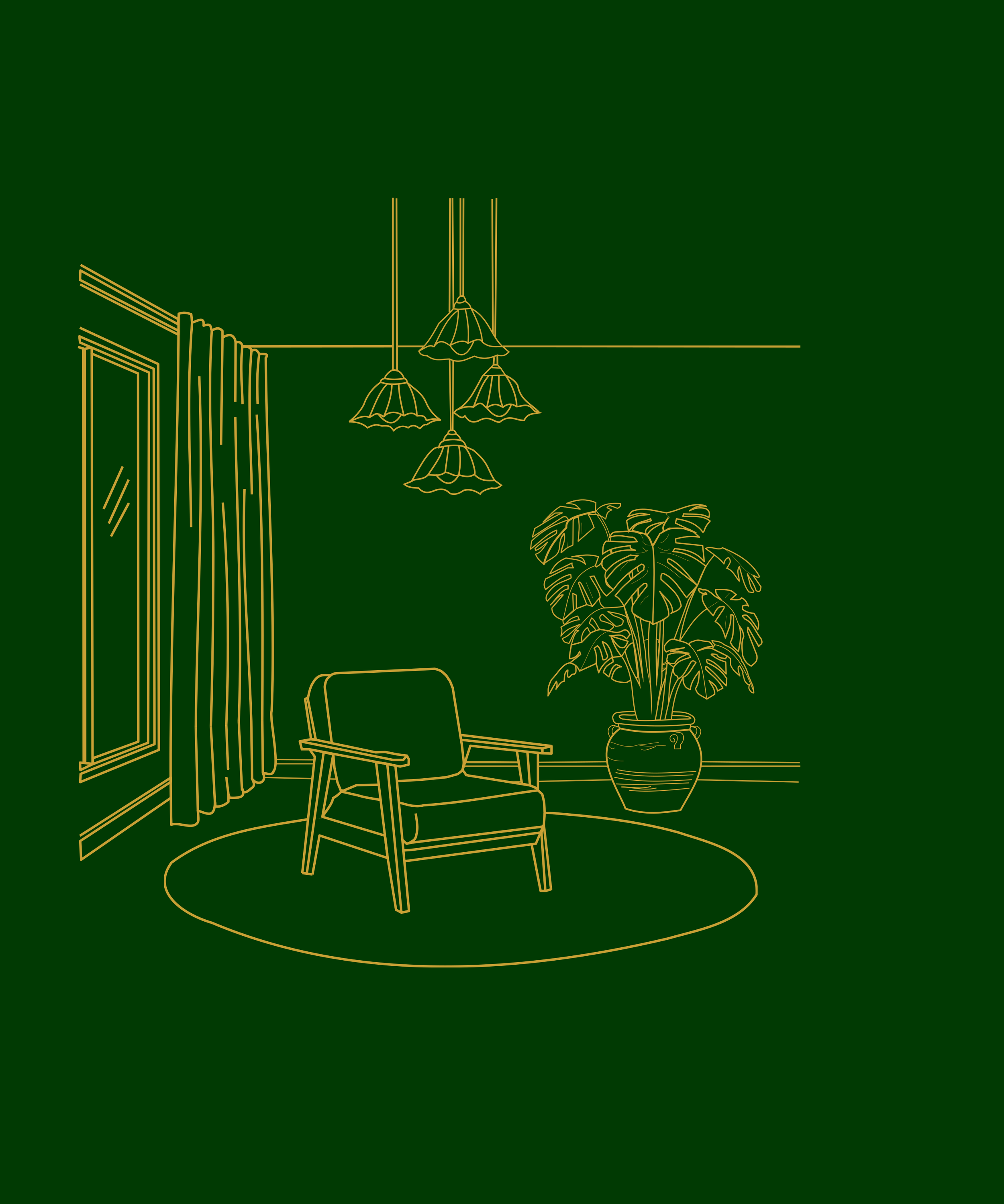 Line drawing of a cozy living room corner with a chair, potted plant, window with curtains, pendant lights, and a round rug.