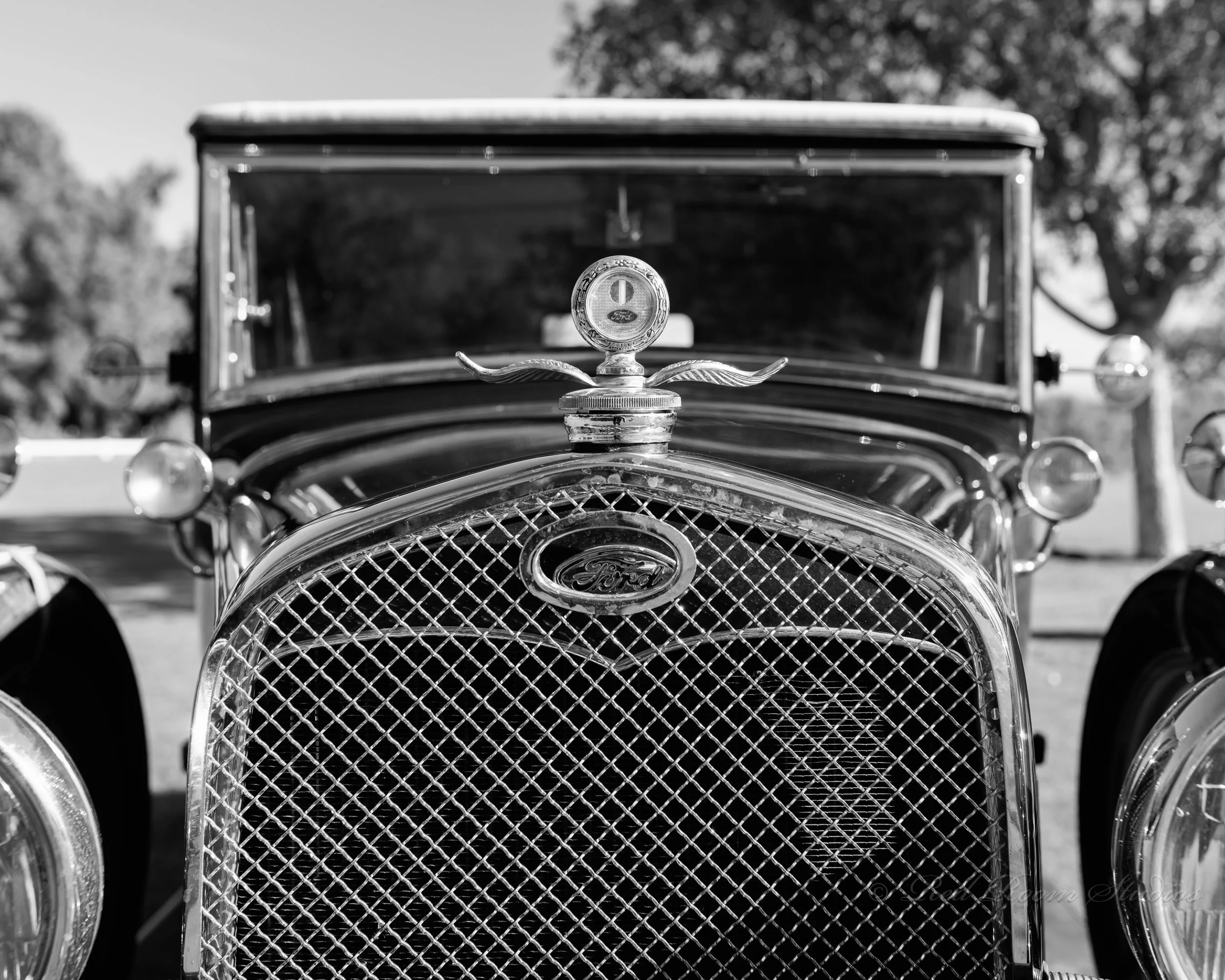 Close-up of the front of a vintage black 1931 Ford Model A-400 automobile with a detailed mesh grille and a hood ornament, in black and white. Classic car experiences by Gabby Lane Classics.