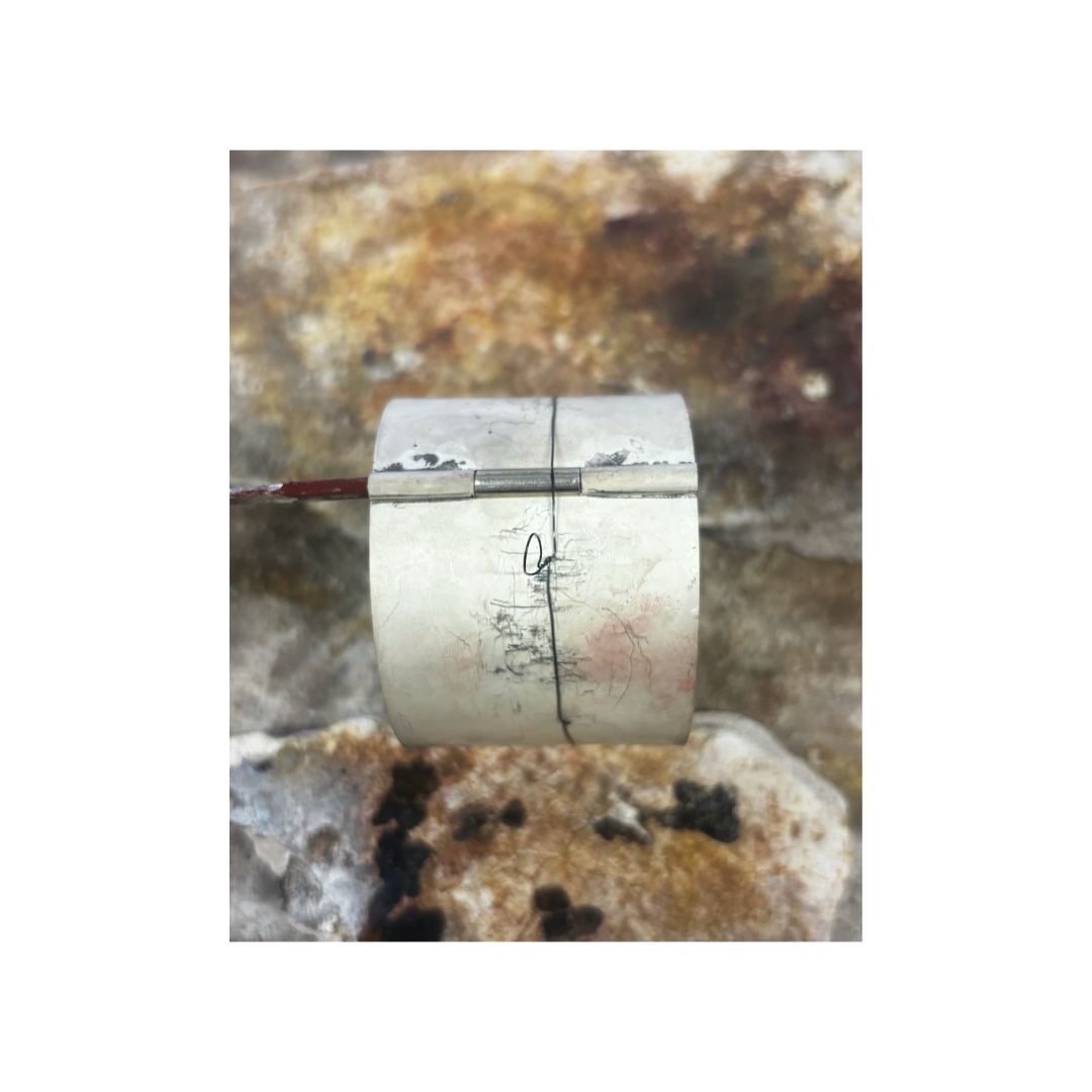 Close-up of a metal object with a hinge and a painted line, resting on a rusted and stained surface.