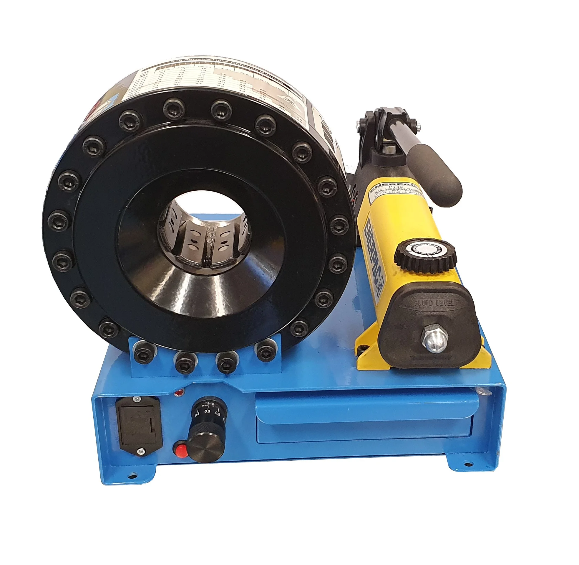 A heat shrink cold shrink tube heating and sealing machine with a blue base, black heating element, and yellow heat gun attached.