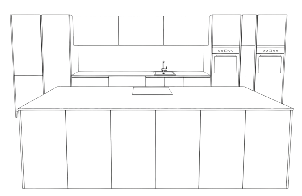 Tekening van een keuken met kasten, een gootsteen en een fornuis.