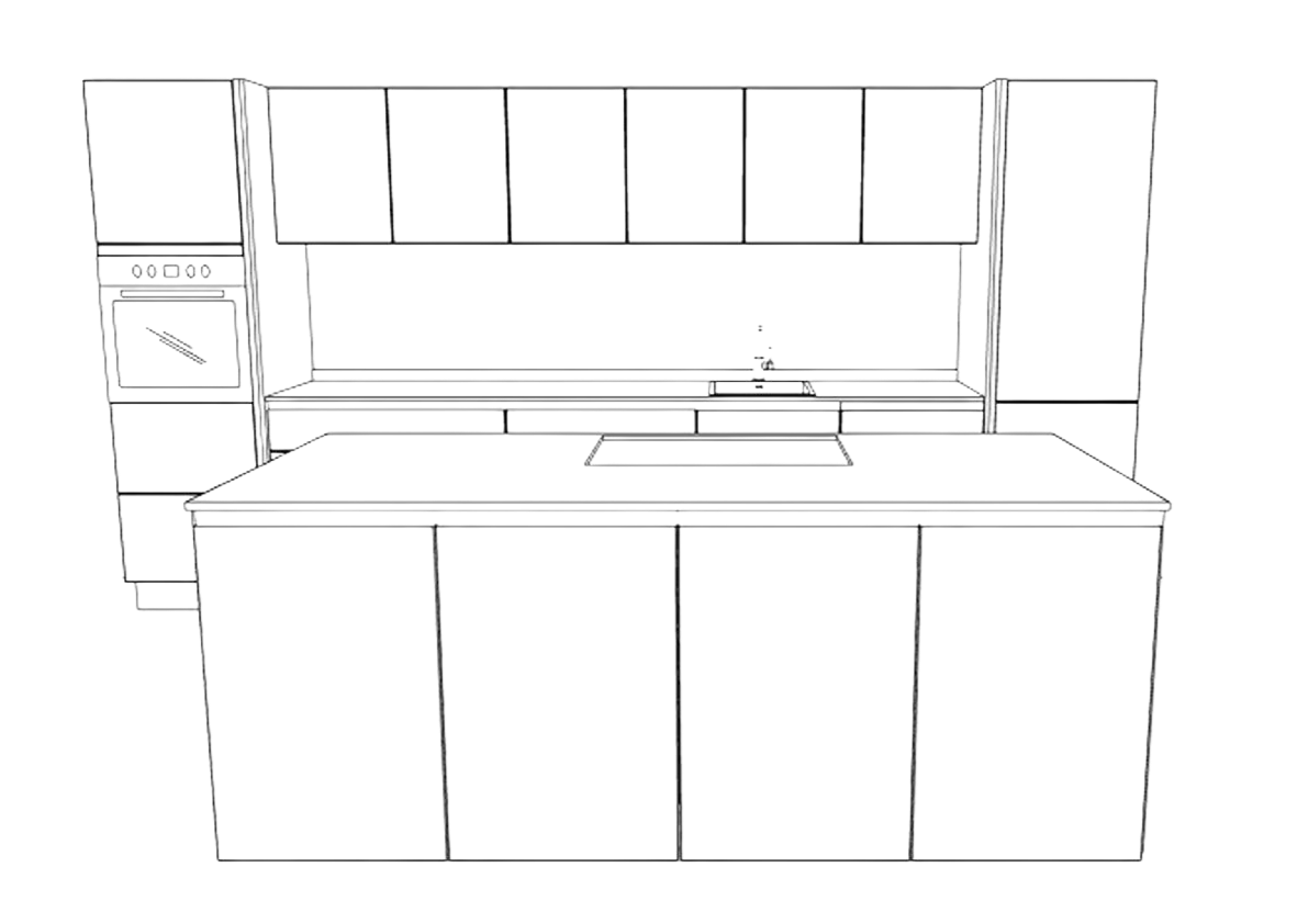 Een schets of tekening van een moderne keuken met kasten, een kookplaat, oven, en een spoelbak, inclusief een vooraankondiging van een keukeneiland.