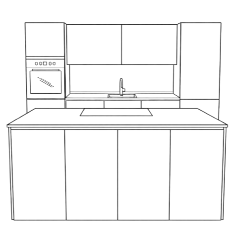 Een schematische tekening van een moderne keuken met kasten, een wasbak en een fornuis.
