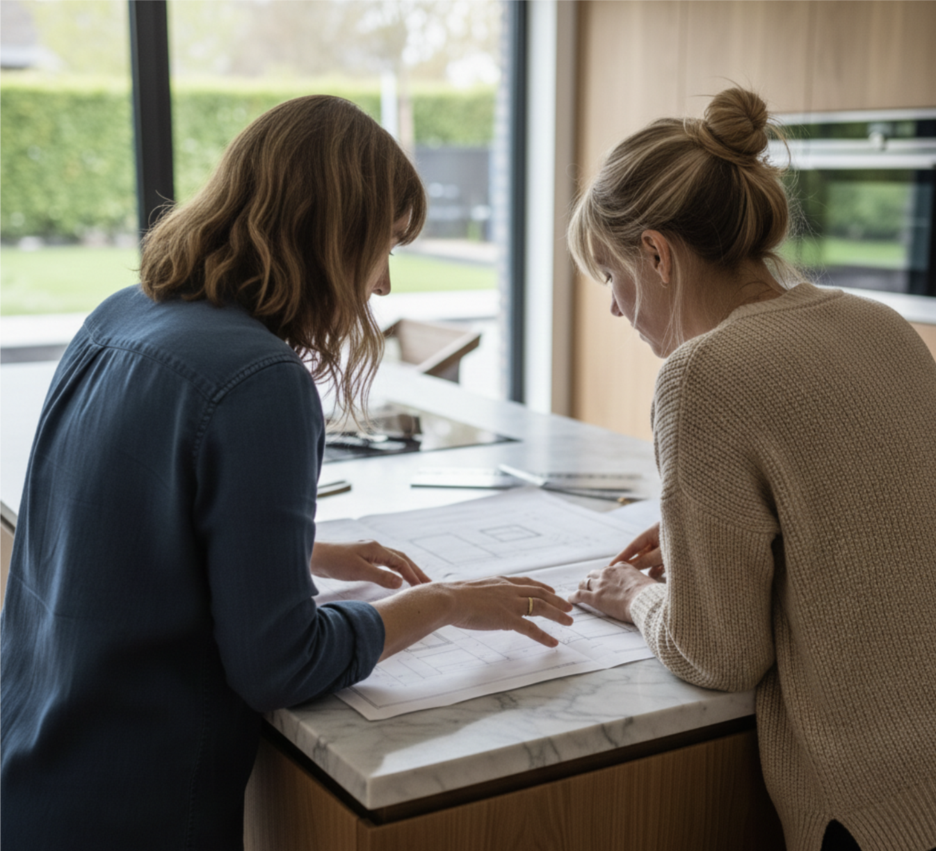 Twee vrouwen bekijken bouwplannen op een keukentafel in een moderne woning met grote ramen en uitzicht op een groene tuin.