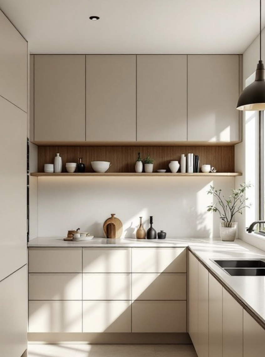 Moderne keuken met beige kasten, open houten plank met diverse vazen en kommen, badkaarsen, en een plant bij het raam, zonlicht schijnt binnen.