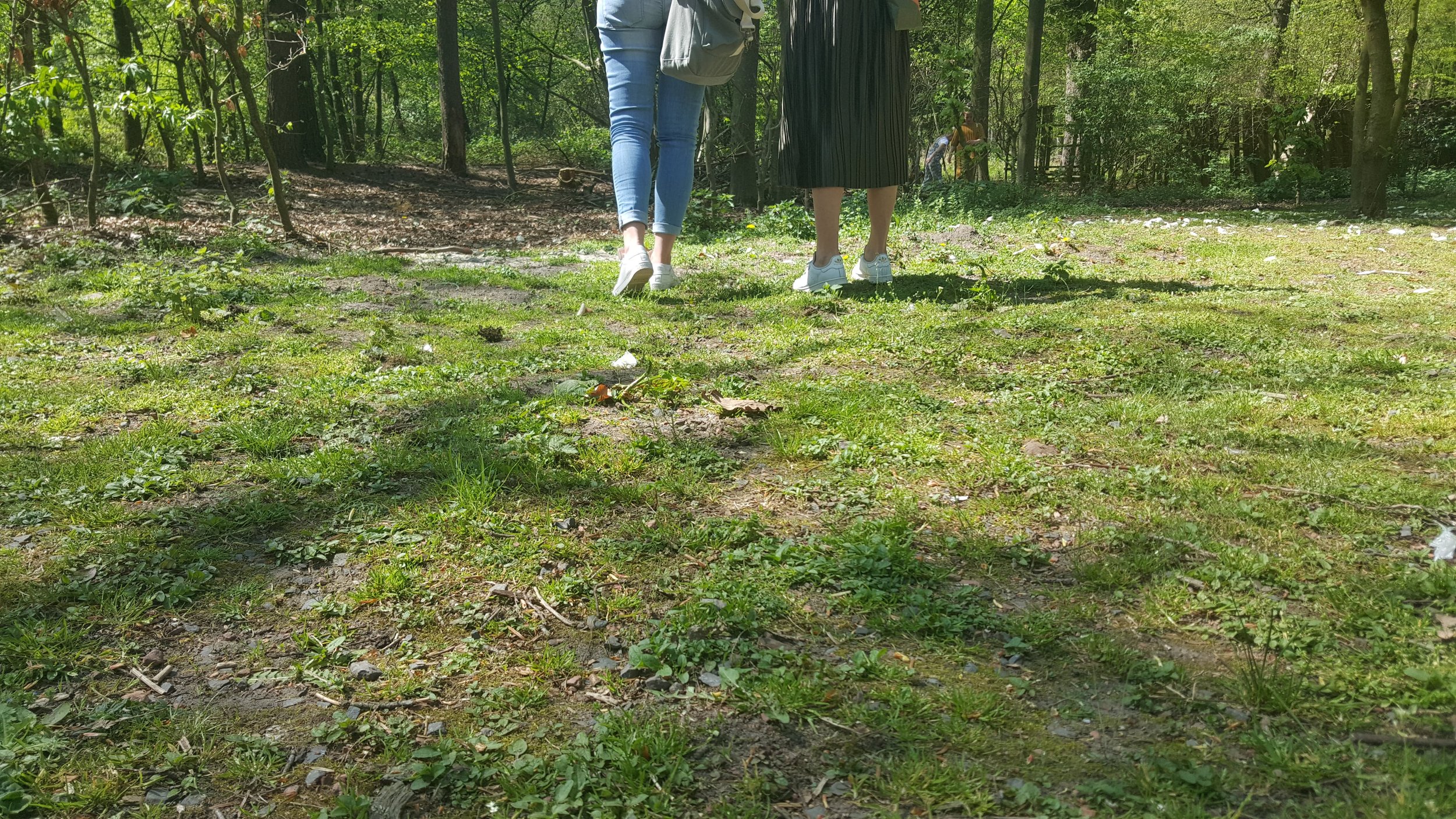 Twee mensen lopen op een grasveld in een bos, met bomen op de achtergrond met schaduw en zon.