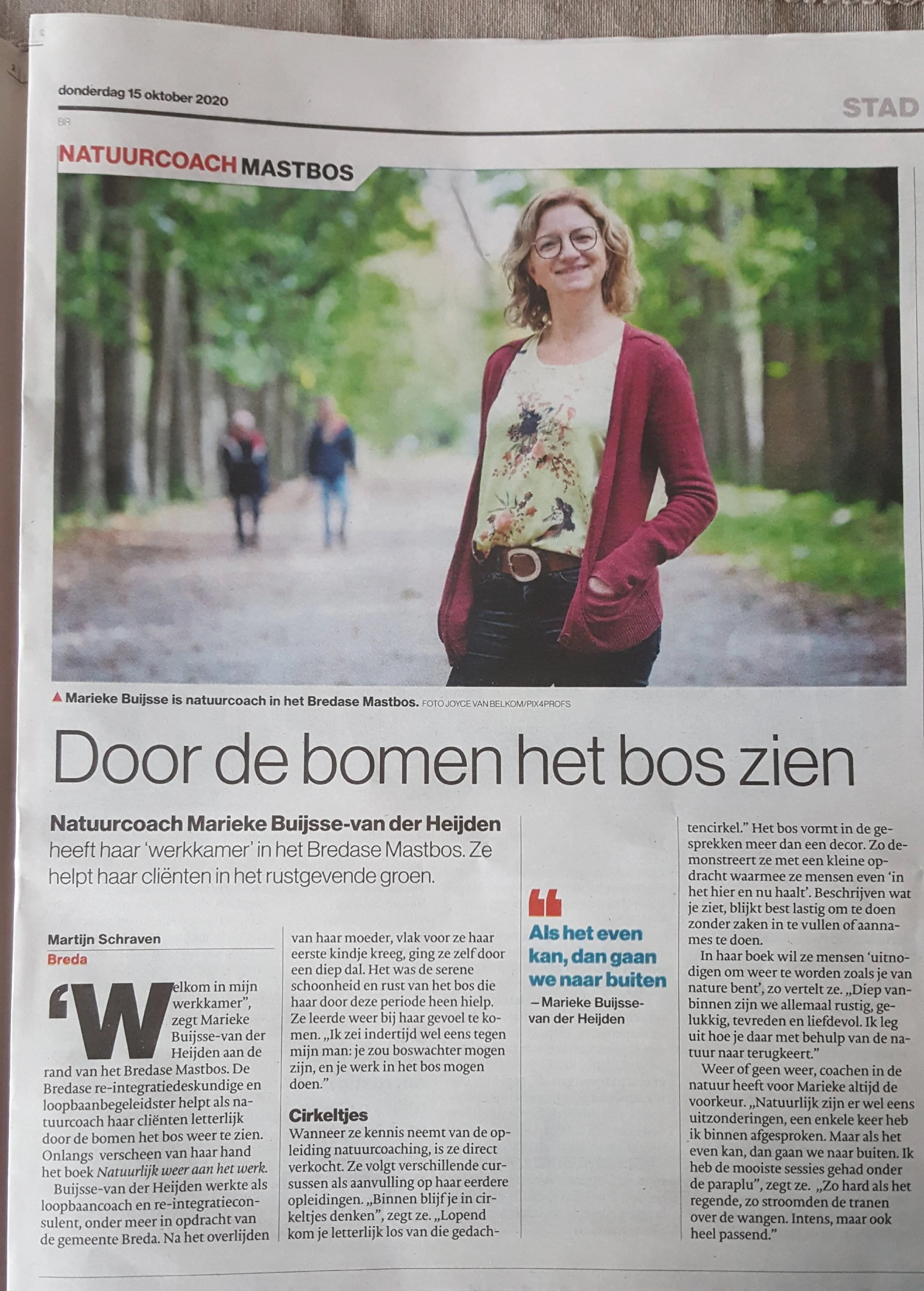 Artikel in BN de Stem over natuurcoaching met Marieke Buijsse-van-der Heijden