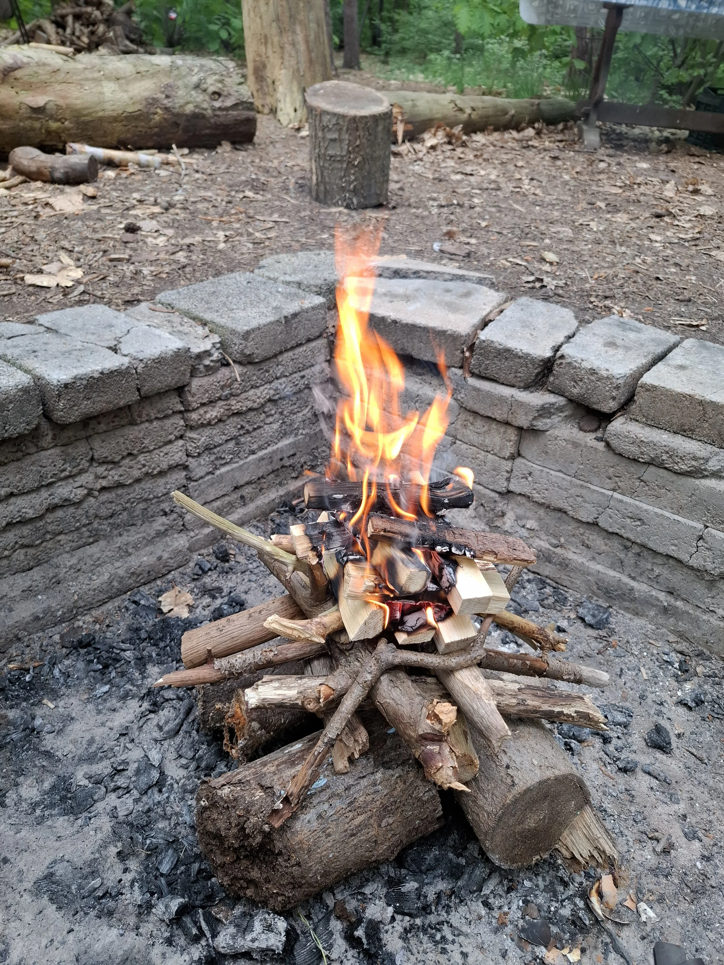 Vuur dat brandt op een houtstapel in het privébos, omgeven door een stenen vuurplaats en natuurlijke omgeving.