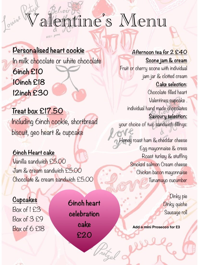 Here&rsquo;s our valentines menu with plenty of sweet treats. I believe the best gift you can give is one you can eat 😍 get your orders in for collection 13th/14th February 🩷❤️🩷