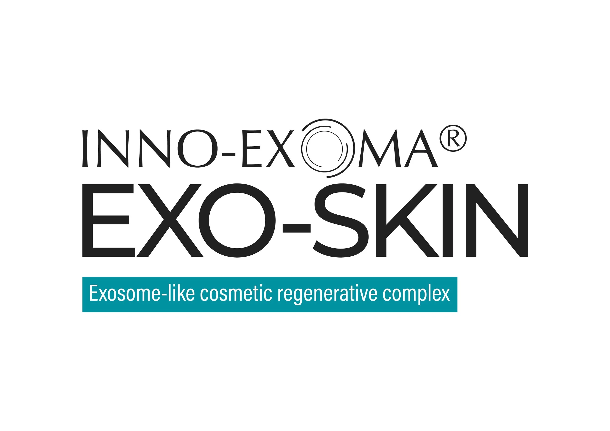 Logo for INNO-EXOMA and EXO-SKIN, with the tagline 'Exosome-like cosmetic regenerative complex' in a teal box.