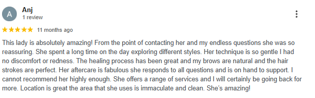 Screenshot of a 5-star online review praising a lady for her healing services, her caring attitude, and the clean, great location.