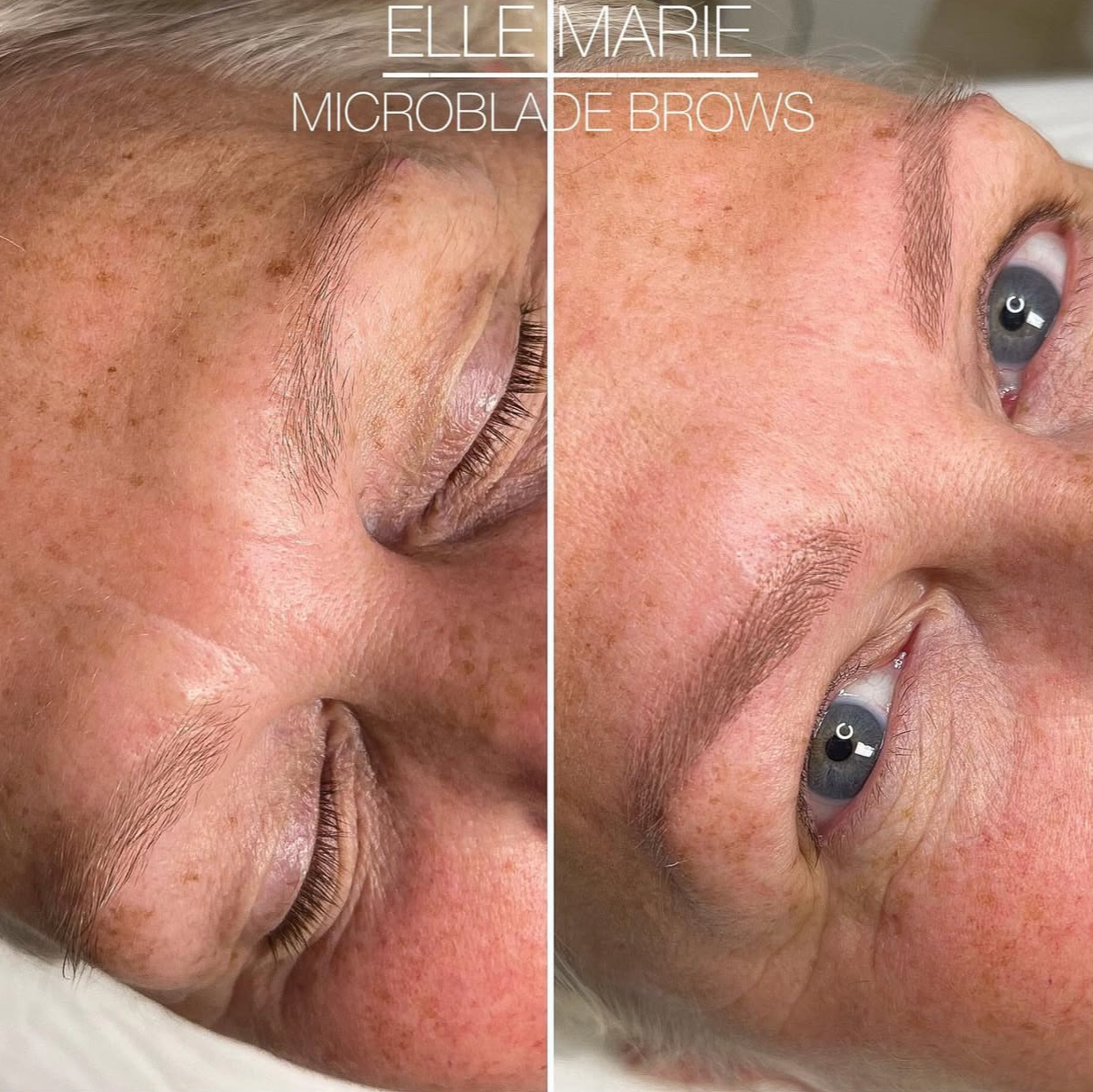 A side-by-side comparison of a woman's face showing her eyebrows before and after microblade eyebrow treatment, with visible improvements in eyebrow shape and fullness.