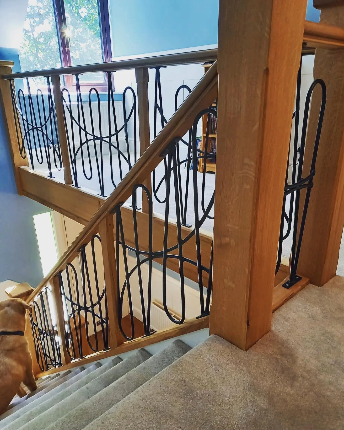 Indoor staircase with a beige carpet and decorative black metal railing, wooden posts, and trim. A dog is descending the stairs.