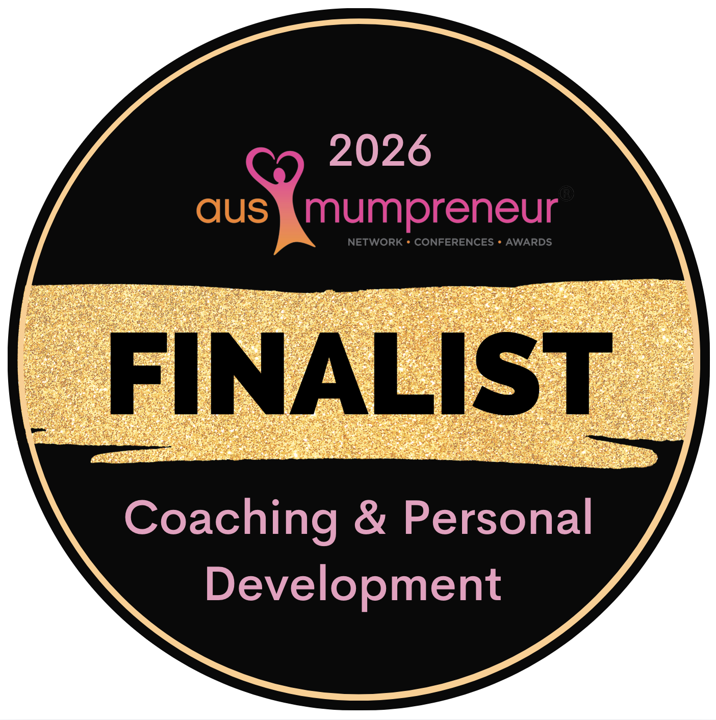 A circular badge awarded to a finalist in the 2026 Aus Mumpreneur Network Conference and Awards for coaching and personal development.