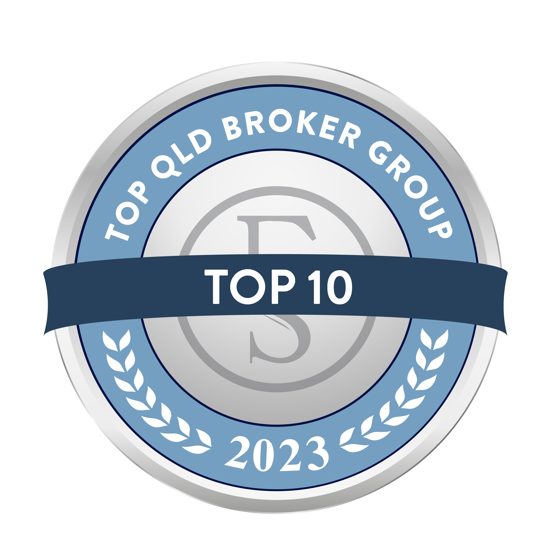 Silver and blue badge with the text 'Top 10' and 'Top Old Broker Group 2023'.