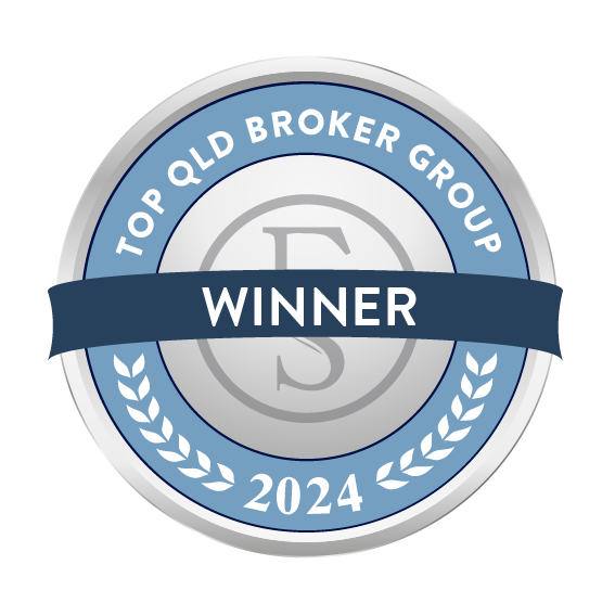 Circular badge with a blue and gray design, featuring the text 'Top QLD Broker Group' at the top, 'Winner' in the center, and '2024' at the bottom, with laurel leaves on either side.