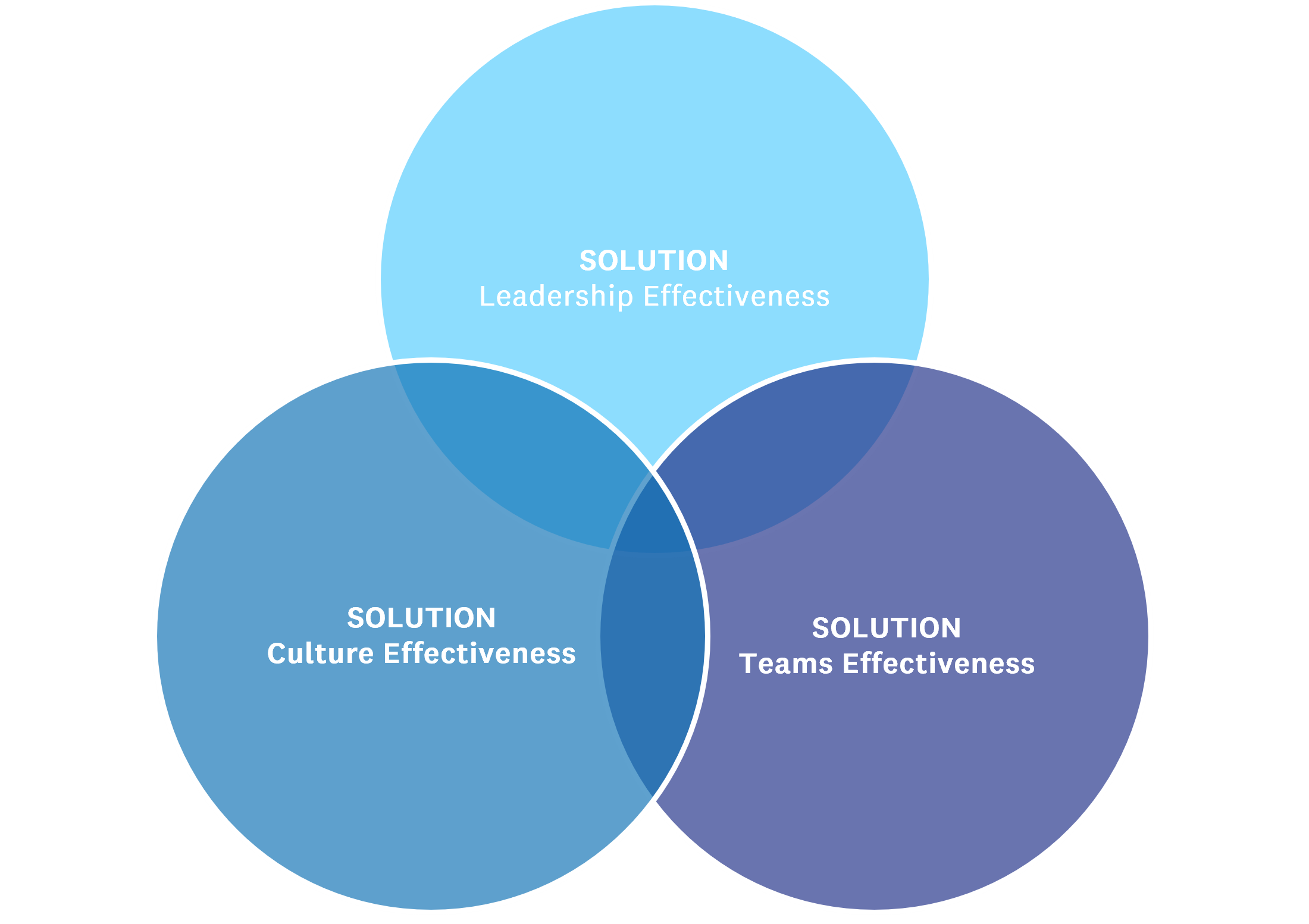 A Venn diagram with three overlapping circles labeled Solution Leadership Effectiveness, Solution Culture Effectiveness, and Solution Teams Effectiveness.