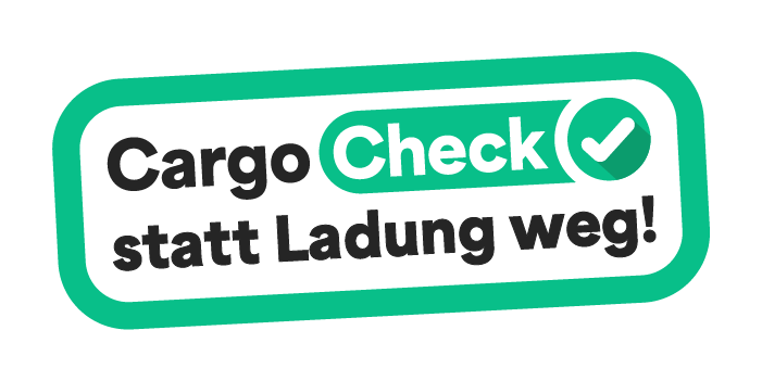 Grafik mit dem Text "Cargo Check statt Ladung weg!" in deutschen Farben, mit Häkchen-Symbol.