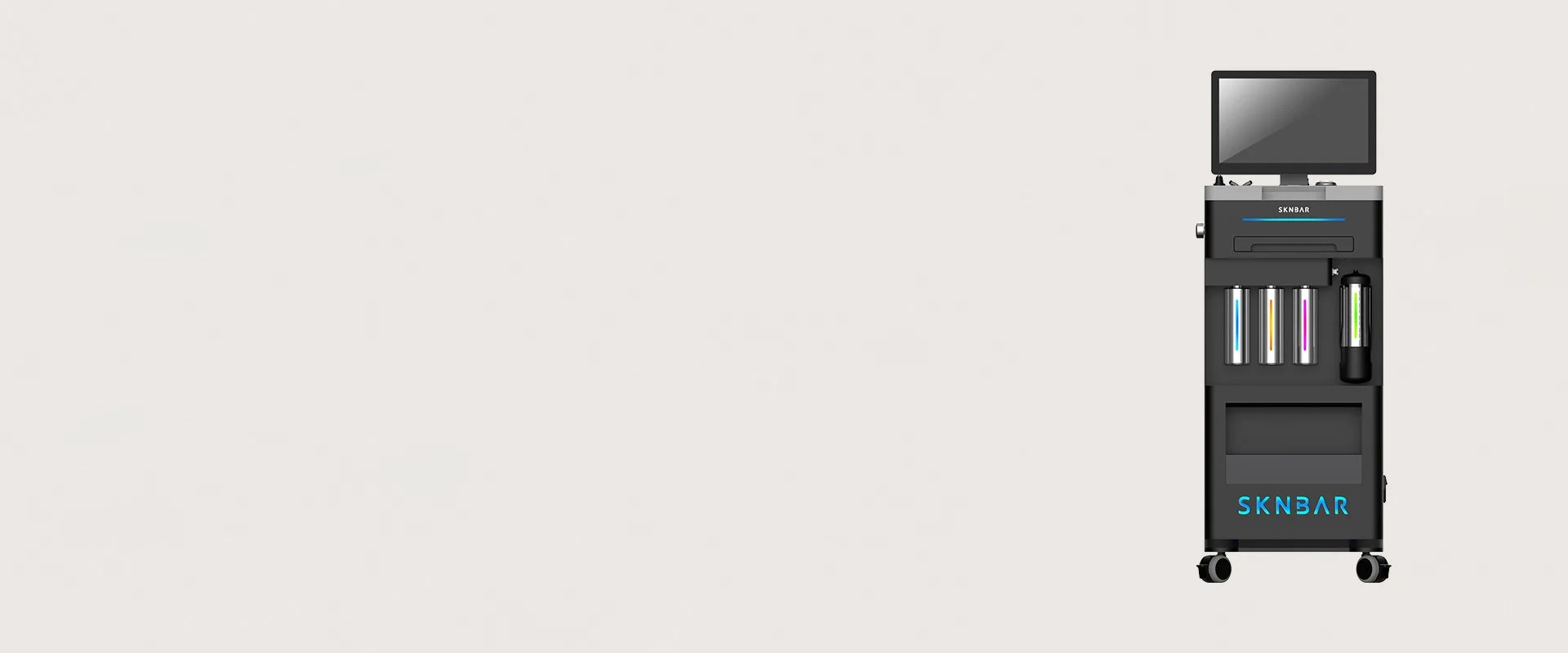 A vending machine with drinks, a small screen, and a modern design, positioned against a plain light-colored wall.