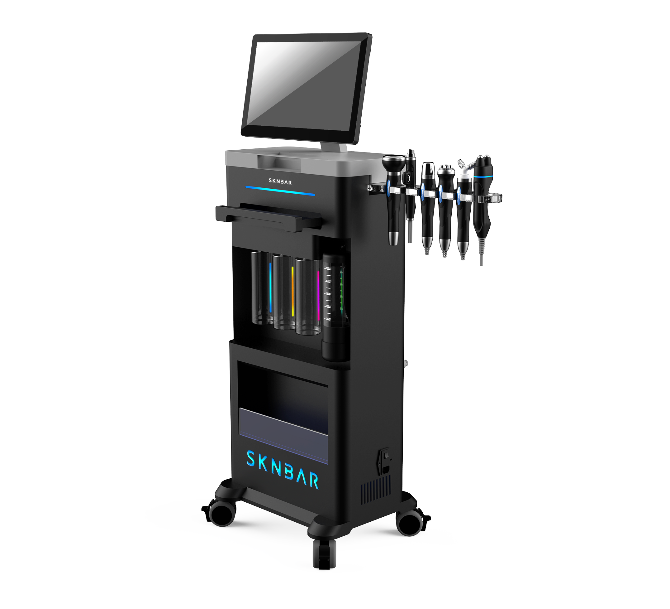 A modern dental tool cart with a computer monitor and various dental instruments attached, labeled with the brand 'SKN3AR'.
