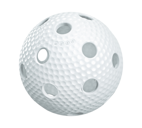 Close-up of a white golf ball with dimples and circular holes.