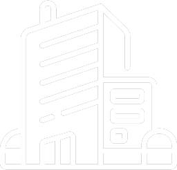 Line drawing of a tall office building with several windows and a rounded corner, surrounded by smaller structures.