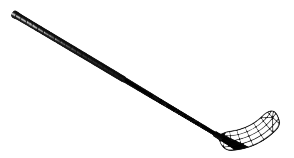 A hockey stick with a curved blade and a black grip, placed diagonally across the frame against a striped background.