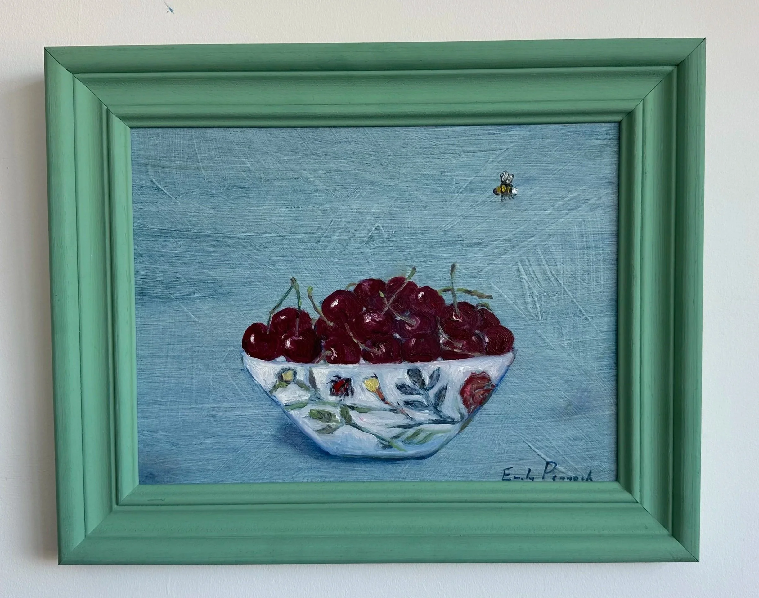 Cherries in a bowl and Bee, Oil on Panel, 31x38cm, SOLD