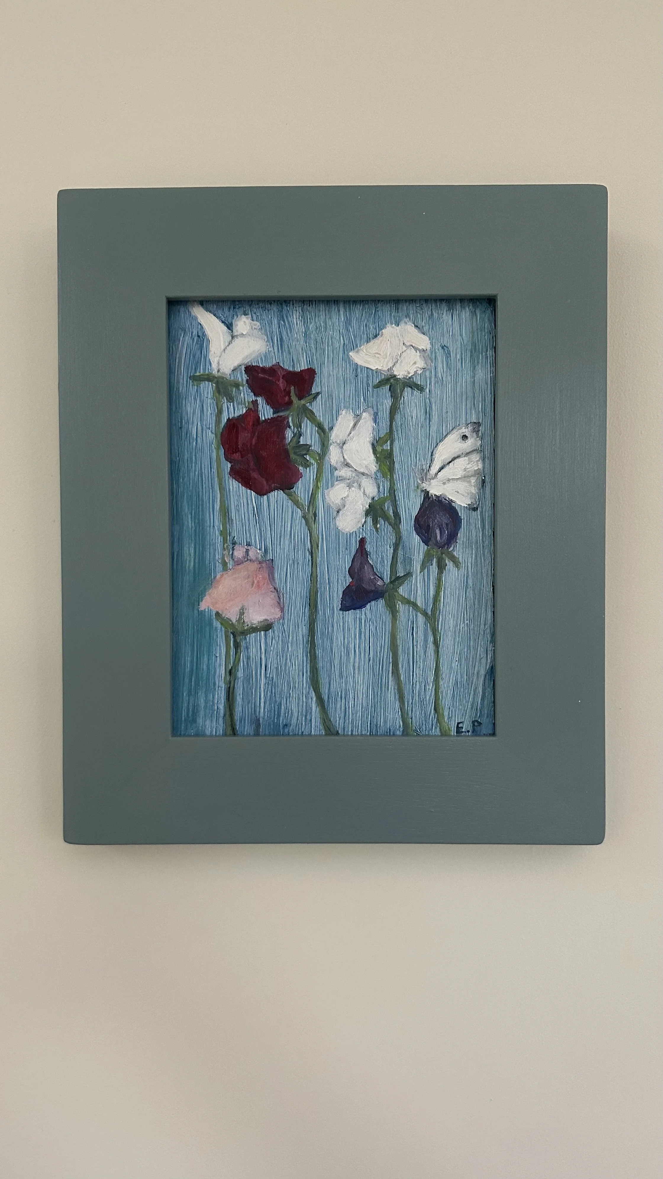Sweet Peas and Butterfly, Oil on Panel, 29x24cm, SOLD