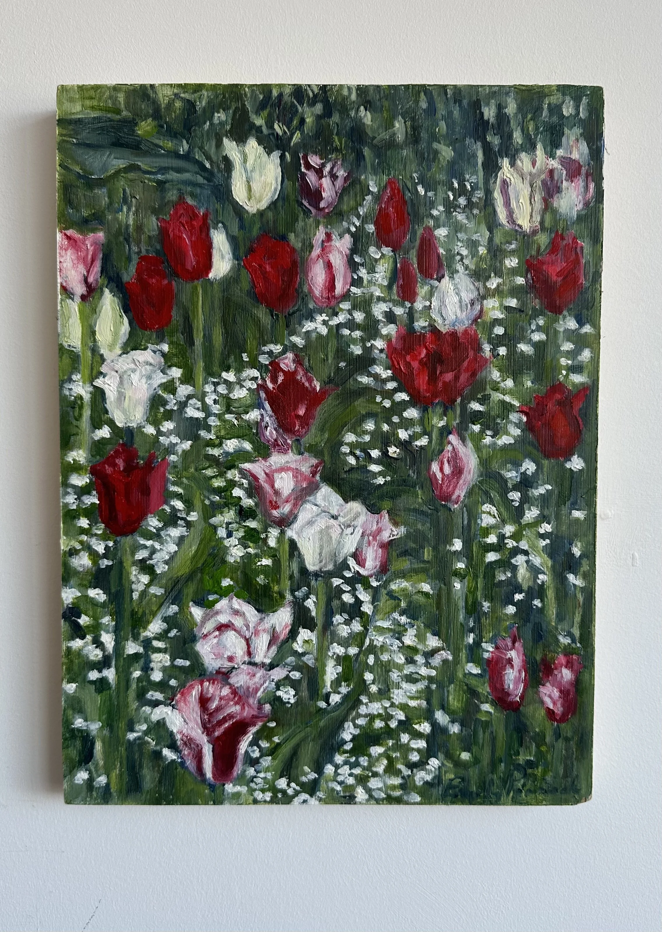 Tulips at Pashley, oil on 2cm deep board, 23x30cm, £450