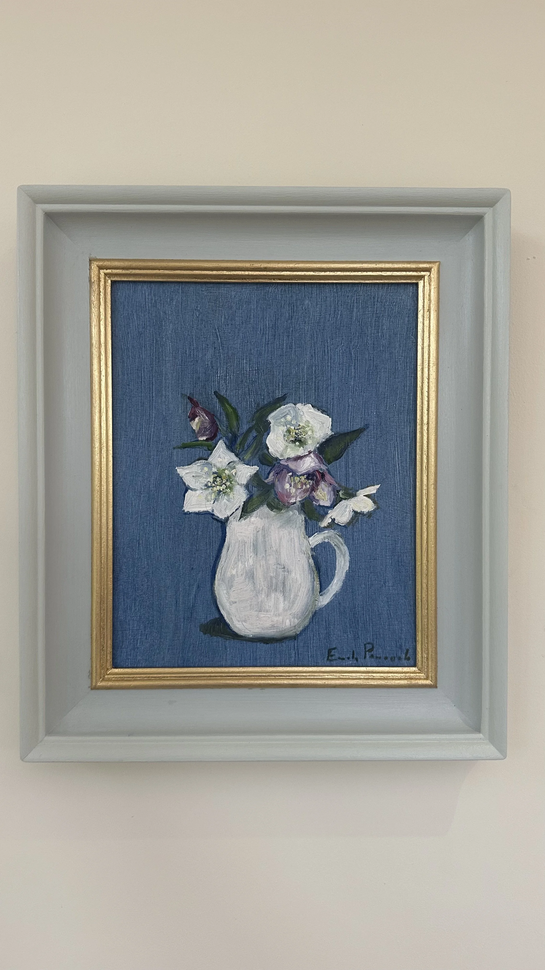 Hellebores in a White Jug, Oil on Panel, 29x34cm, £420
