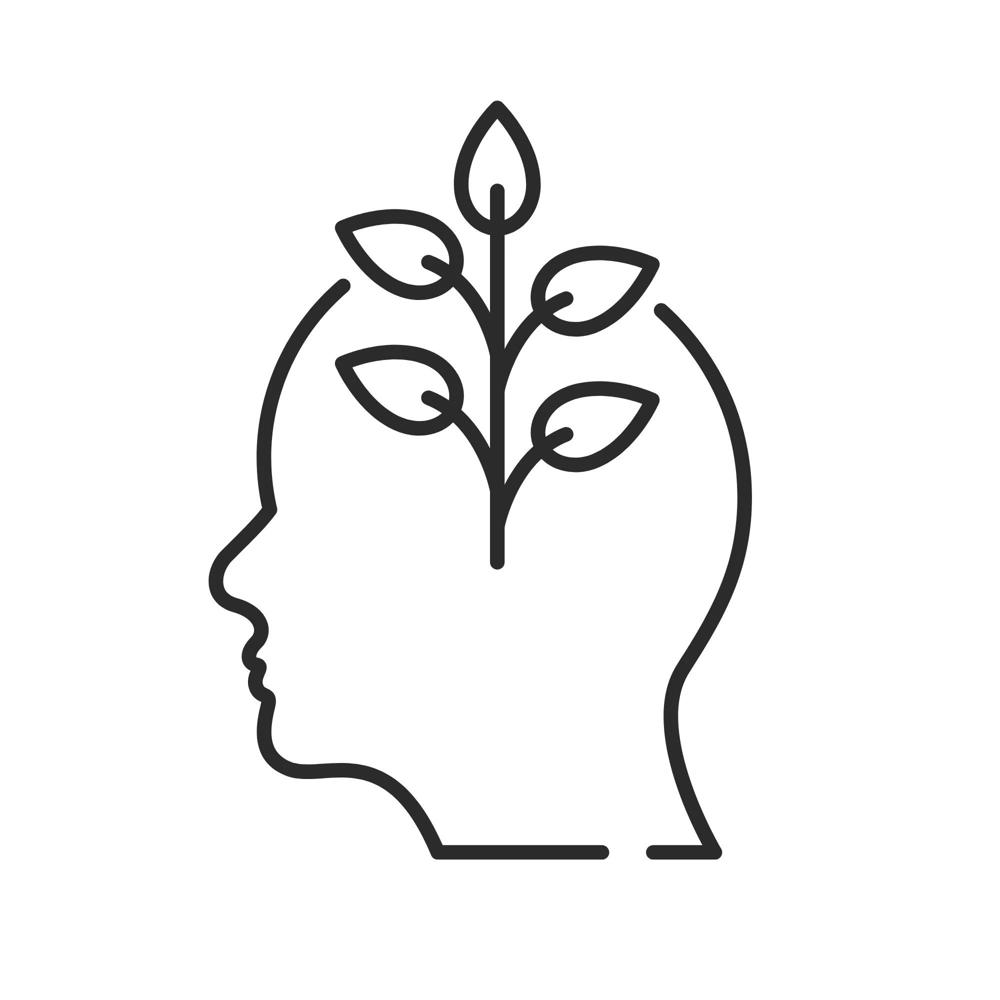 Outline of a human head with a plant growing inside, symbolizing mental growth or nature-inspired thinking.