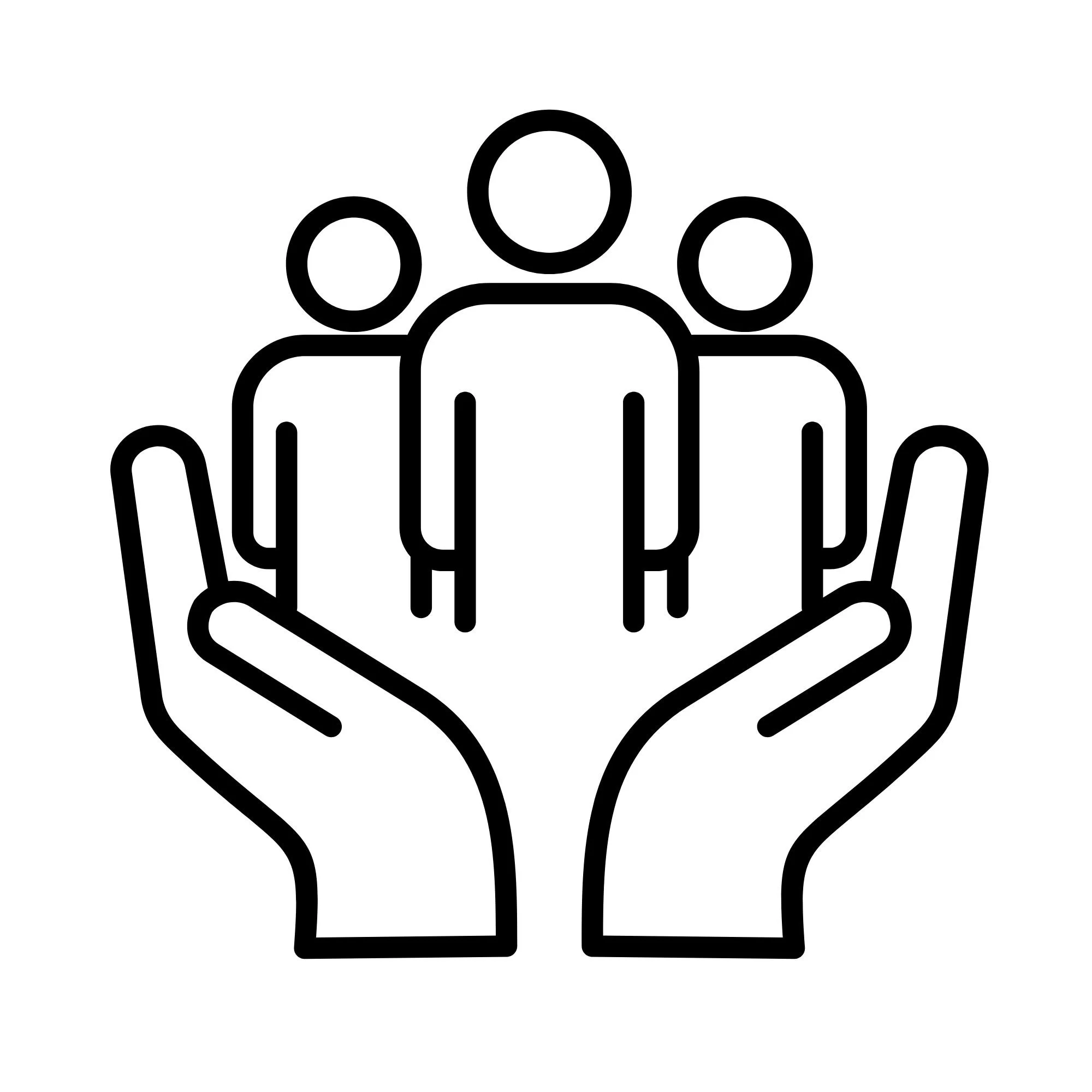 Outline icon of two hands holding three people, symbolizing support and community.