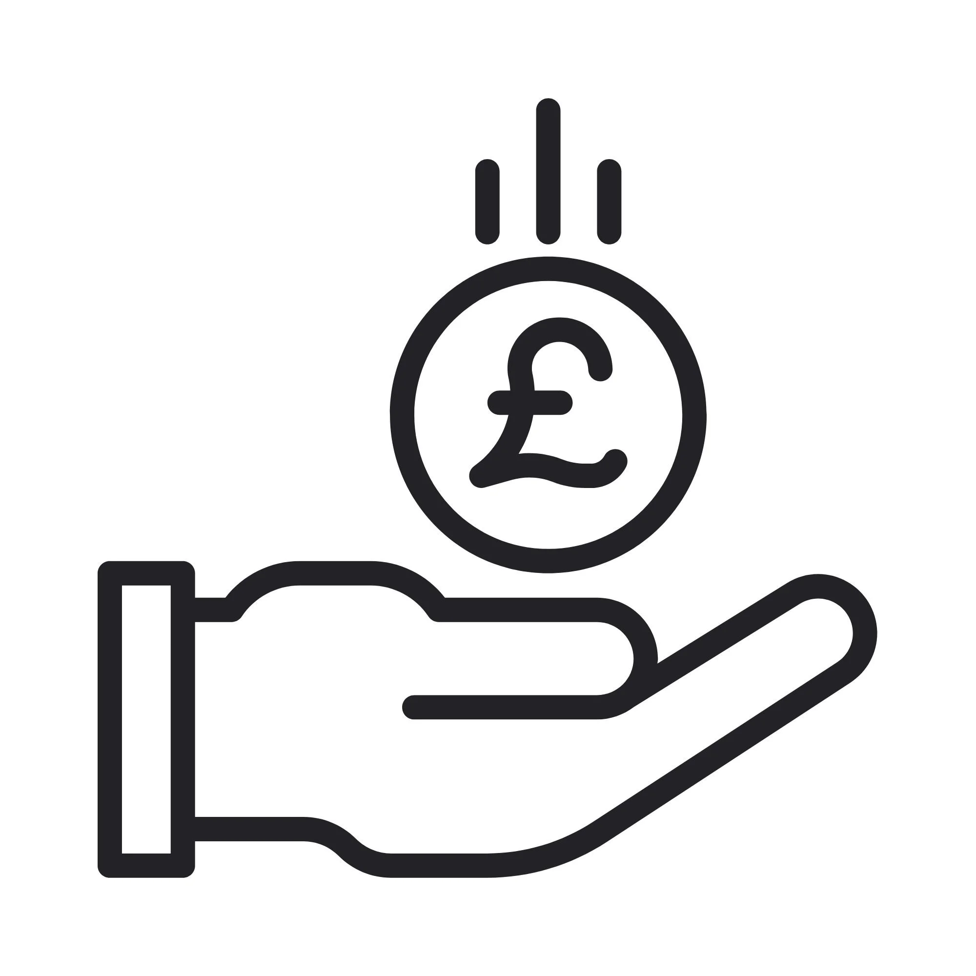 A hand holding a coin with a British pound symbol, with additional coins dropping above.