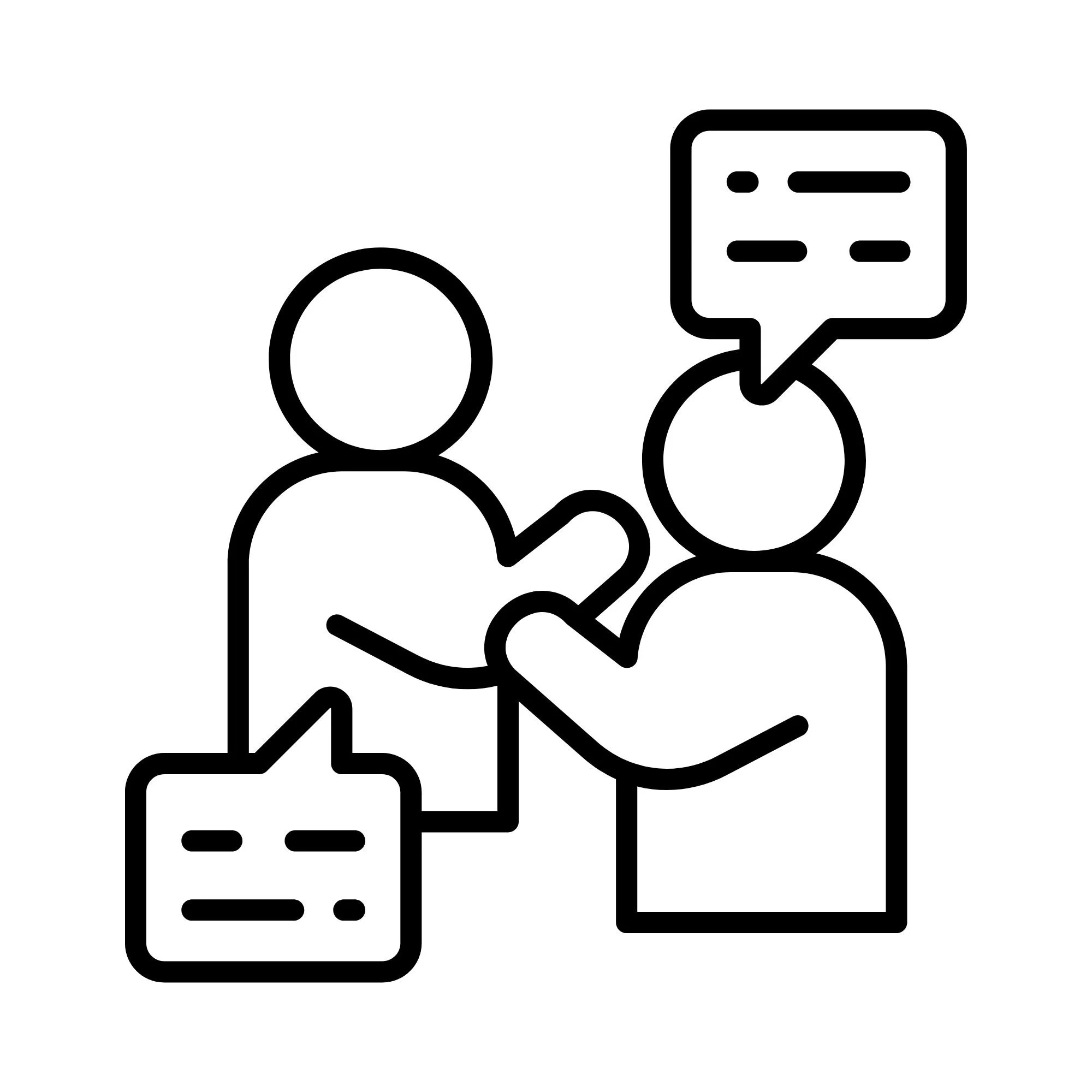 Line drawing of two people talking, with speech bubbles indicating conversation.
