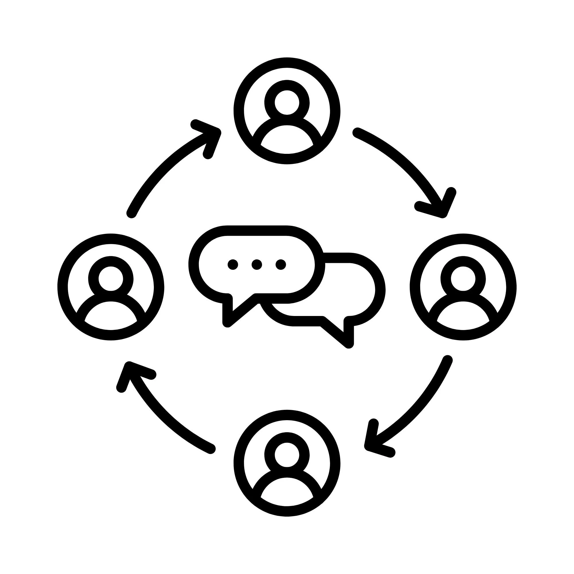 Outline of four people connected in a circle with arrows, with conversation bubbles at the center.