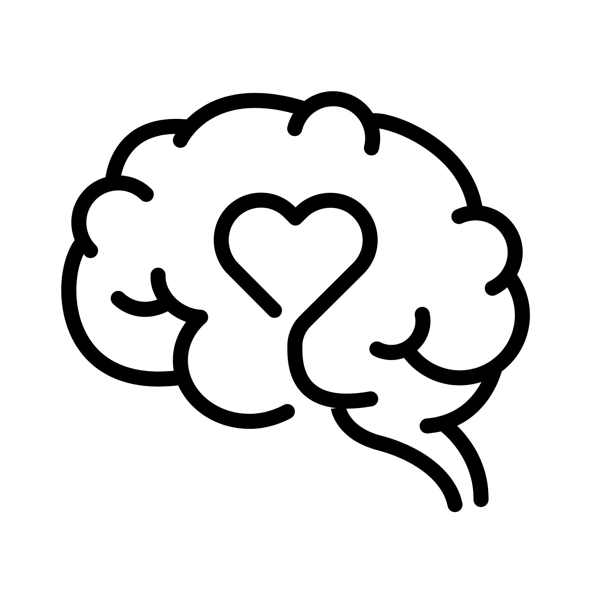 Line drawing of a brain with a heart shape in the center.
