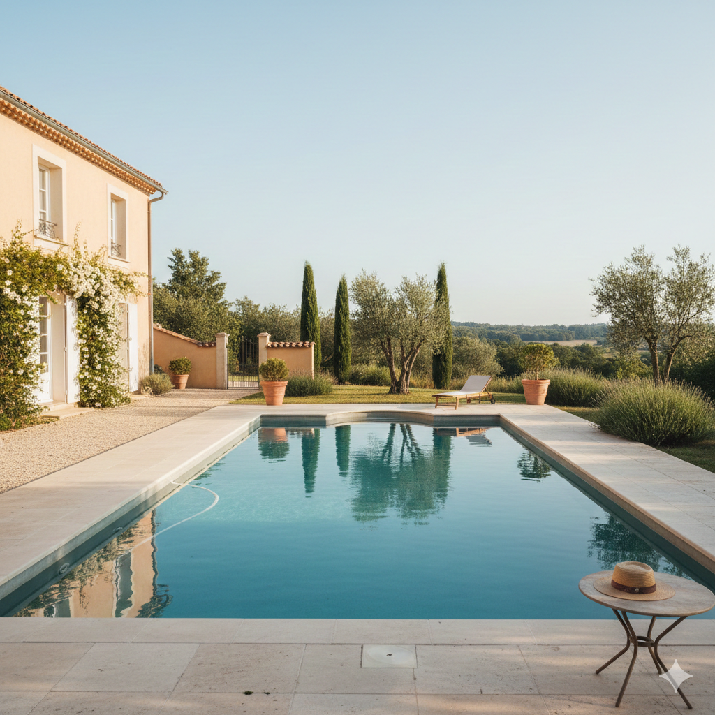 Piscine entourée de végétation avec maison et vue sur un paysage ouvert