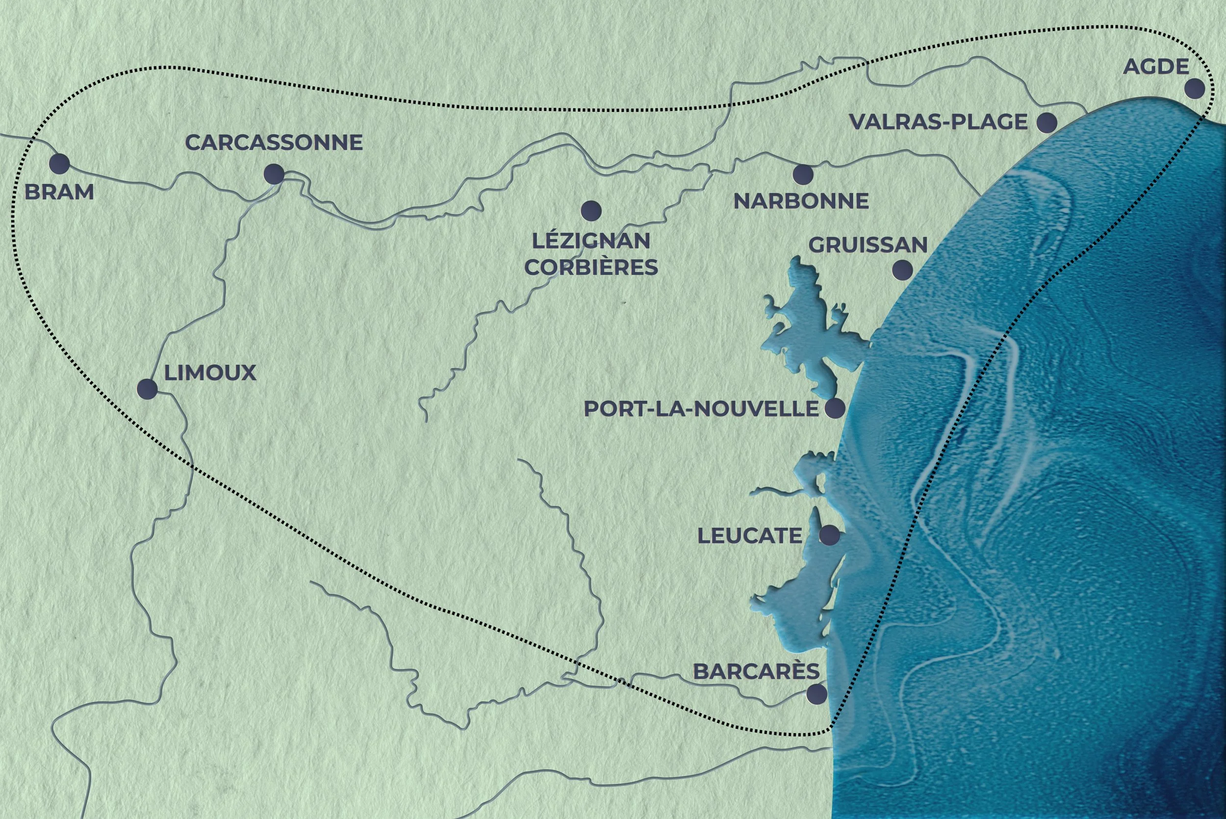 Carte de la zone d’intervention de notre conciergerie dans l’Aude incluant Narbonne, Gruissan, Leucate et Le Barcarès
