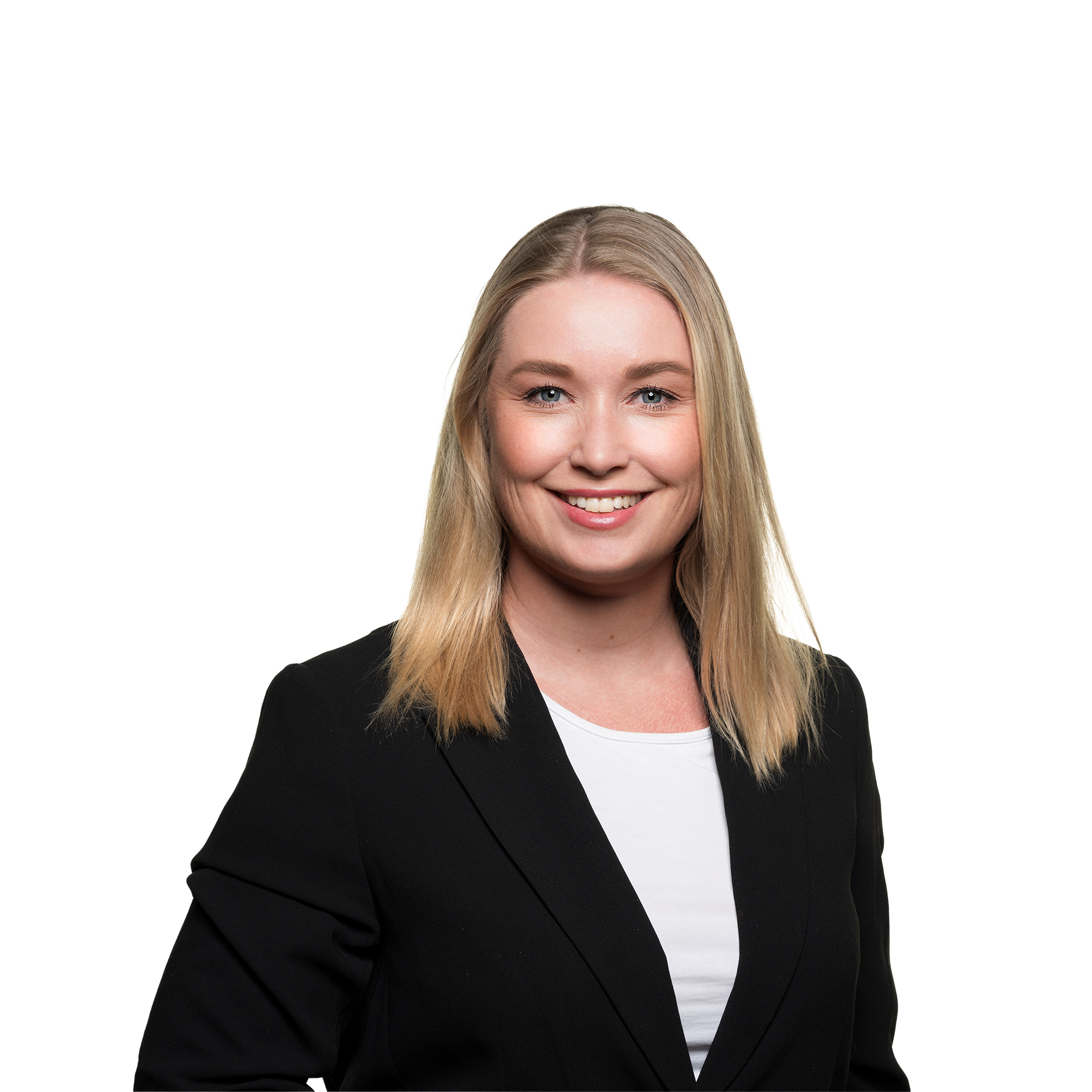 A woman with blonde hair, blue eyes, and a friendly smile, dressed in a black blazer and white top, against a plain background.