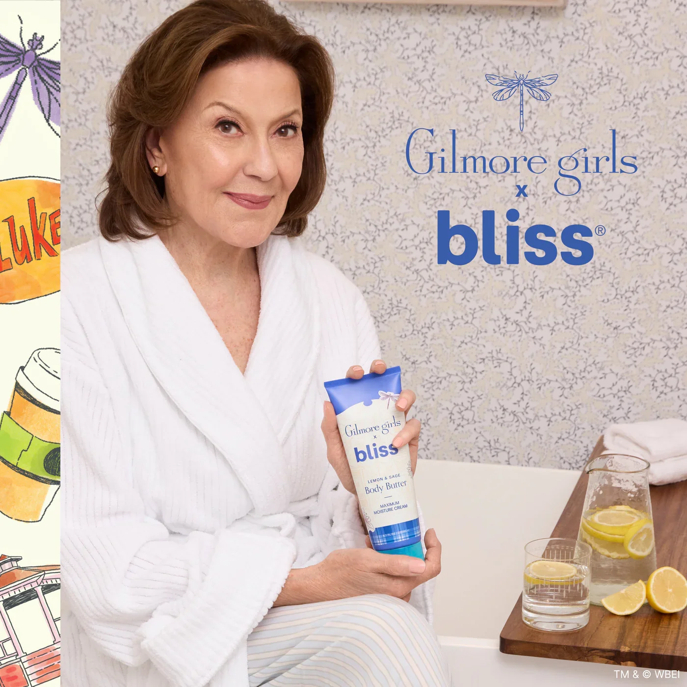 Woman in a cozy bathrobe holding a tube of Bliss skincare in a bathroom setting, styled in a warm nostalgic tone. Branded Gilmore Girls x Bliss graphics visible, connecting self-care and pop-culture nostalgia.